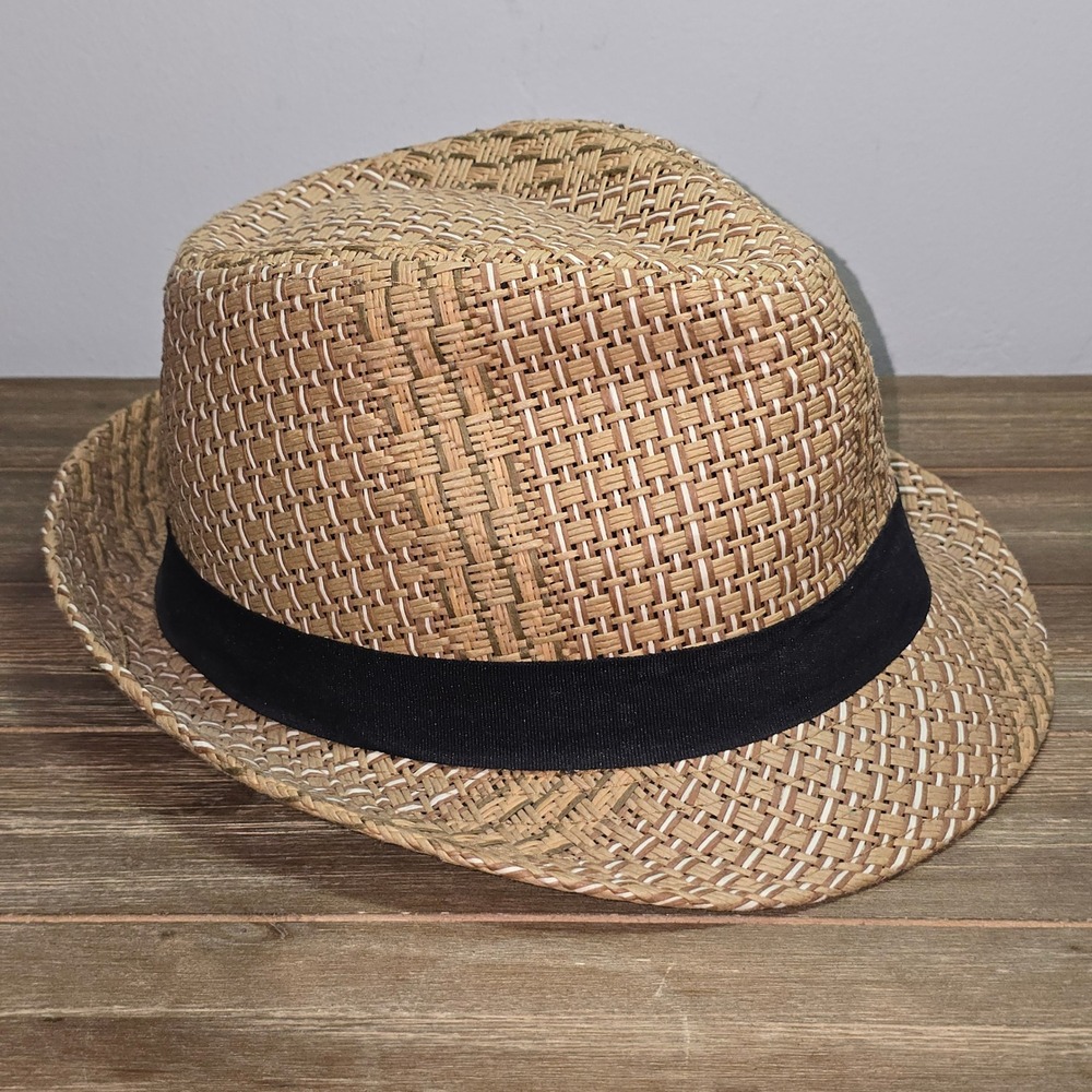 Tan Woven Straw Fedora Hat with Black Ribbon Band S/M
